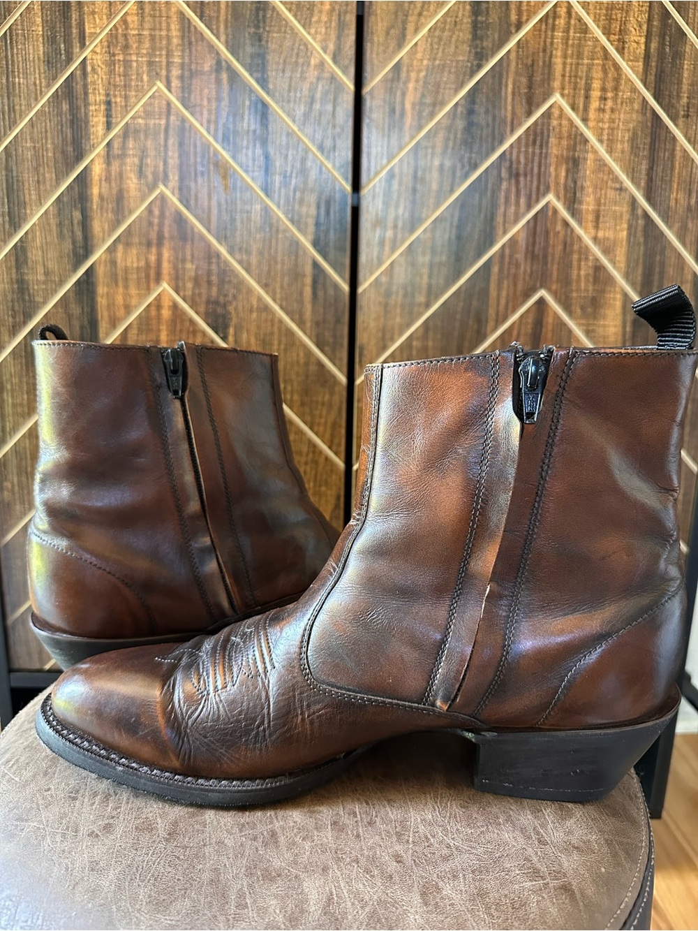 Laredo Fletcher Men's Brown Leather Boots 12D Western Zip Up - Picture 6 of 8